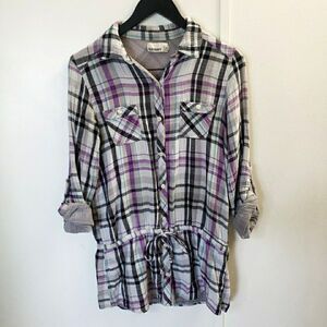 Old Navy Plaid Flannel Collared Button Front Roll Tab Sleeves Shirt Top Size M